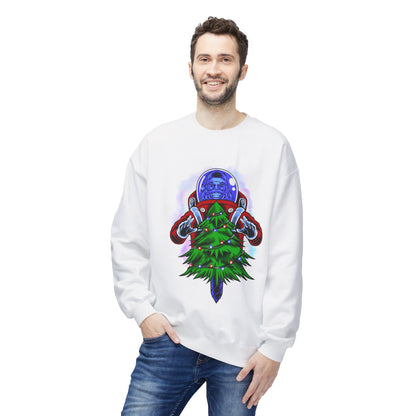 Astronaut Santa Pouncing on a Christmas Tree Crewneck Sweatshirt