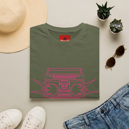 Retro Boombox Tee — Pink Line Art Vintage Radio Graphic T-Shirt
