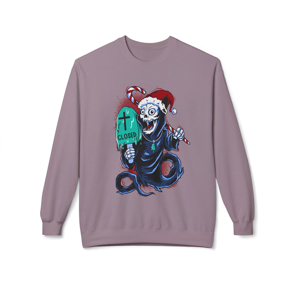 Christmas Reaper — 'Closed' Tombstone Holiday Horror Design Crewneck Sweatshirt