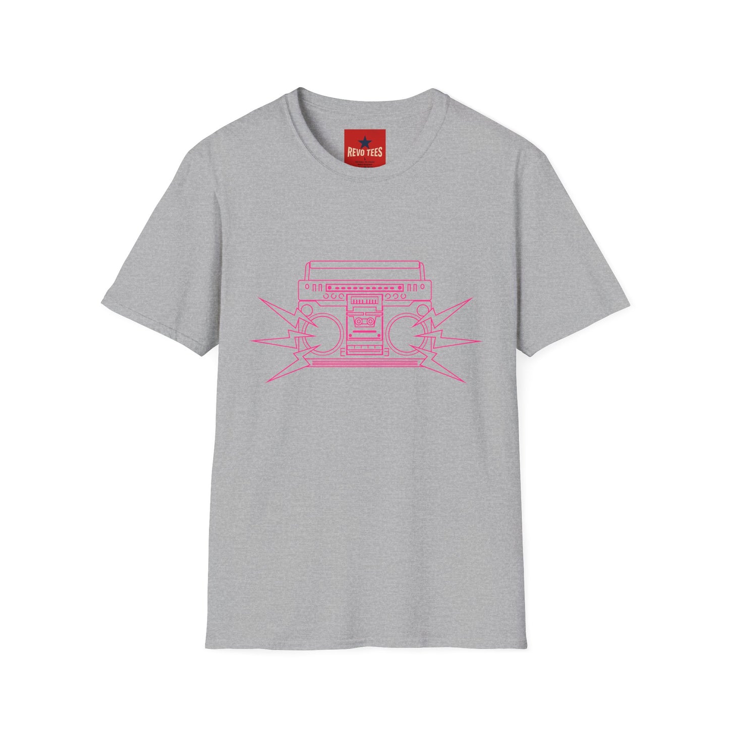 Retro Boombox Tee — Pink Line Art Vintage Radio Graphic T-Shirt