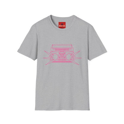 Retro Boombox Tee — Pink Line Art Vintage Radio Graphic T-Shirt