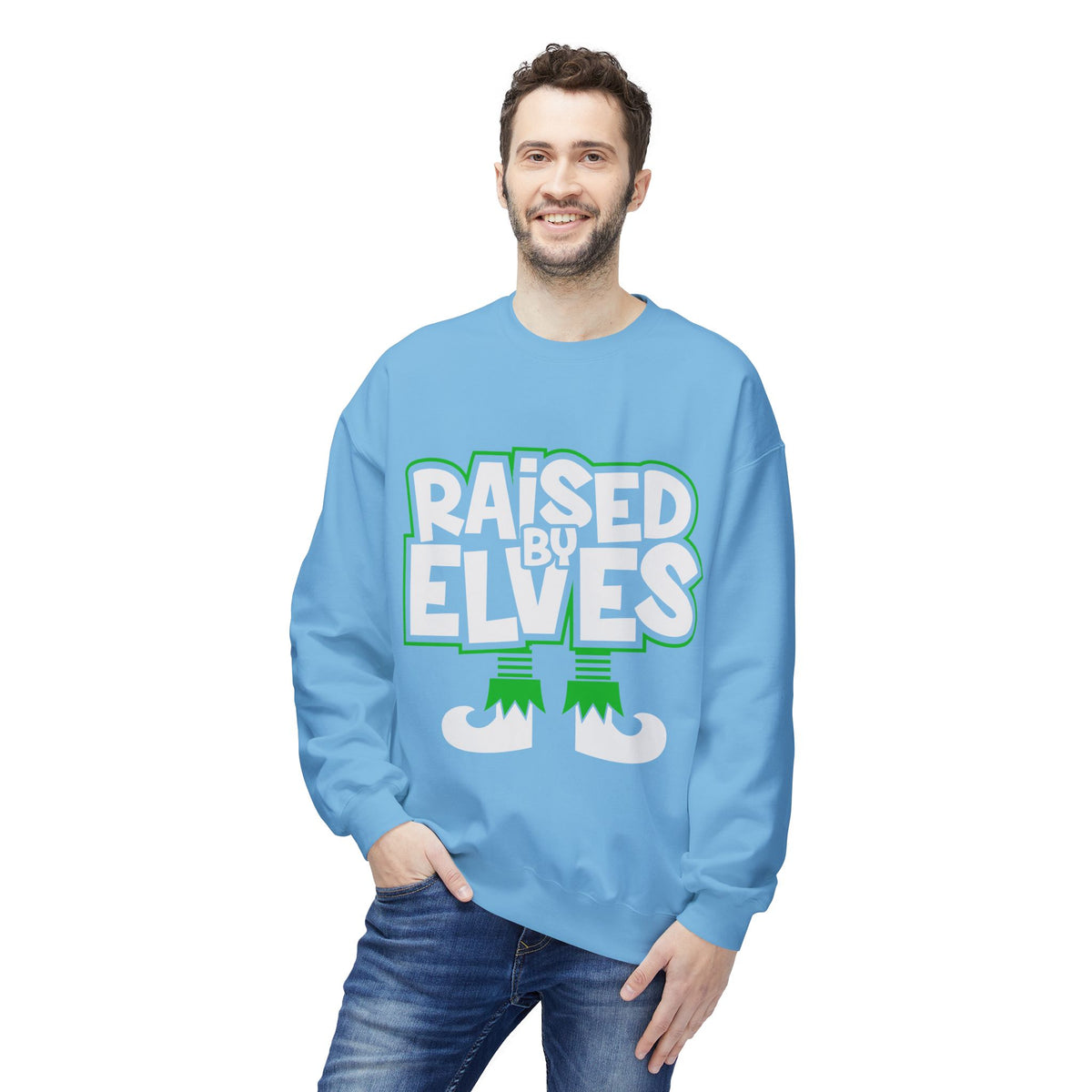 Raised by Elves Sweatshirt – Christmas Funny Holiday Crewneck