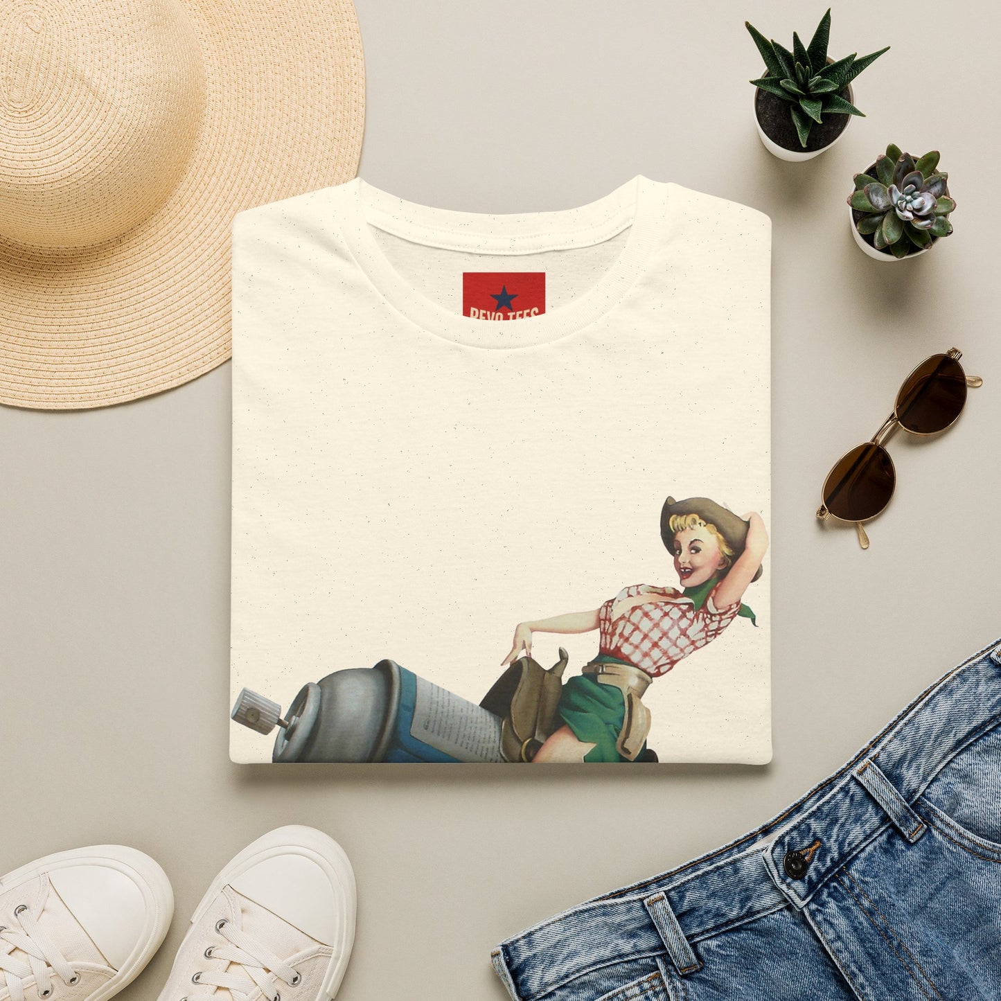 Banksy Pin-Up Cowgirl T-Shirt — Retro Pinup Girl Riding Soda Can Vintage Tee
