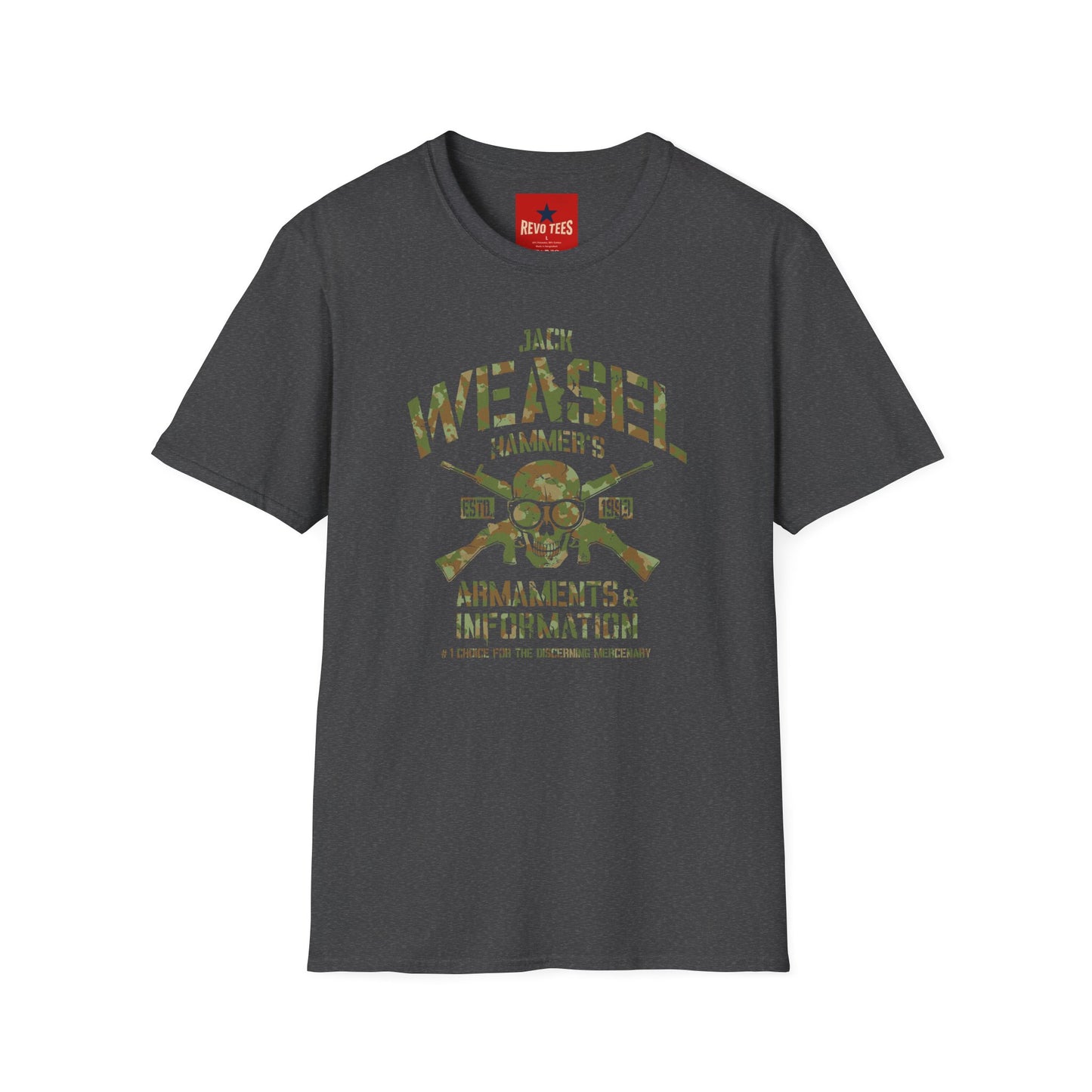 Weasel Hammer Skull Camo T-Shirt — Jack Weasel Armaments & Information Graphic Tee