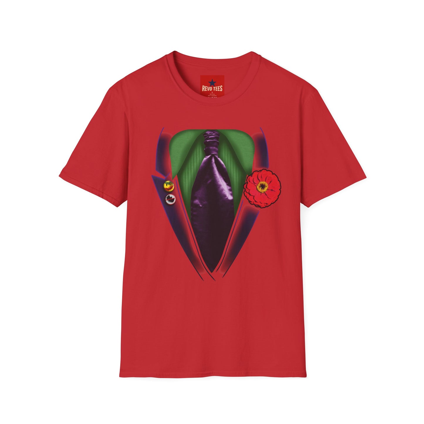Joker Suit T‑Shirt — Green Vest, Purple Tie & Poppy Graphic Tee