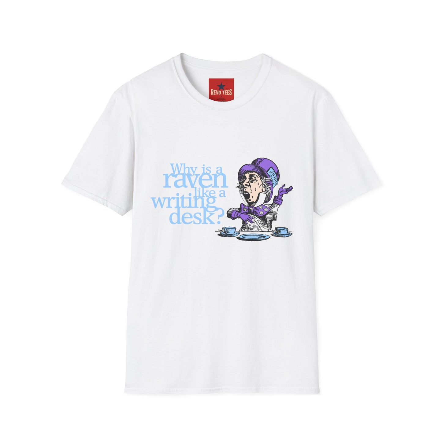 Why Is a Raven Like a Writing Desk? T-Shirt — Alice in Wonderland Mad Hatter Illustration