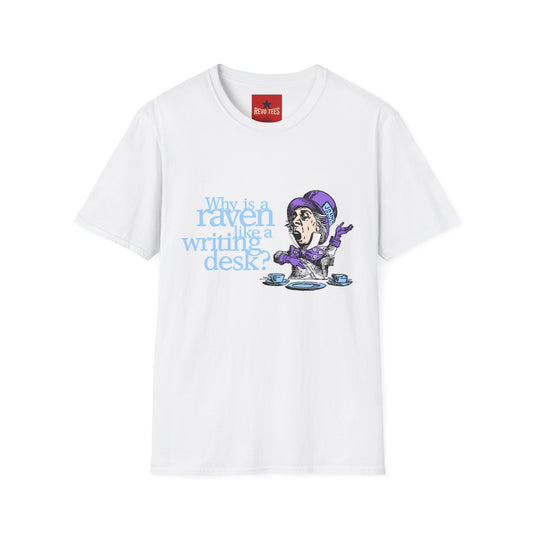 Why Is a Raven Like a Writing Desk? T-Shirt — Alice in Wonderland Mad Hatter Illustration
