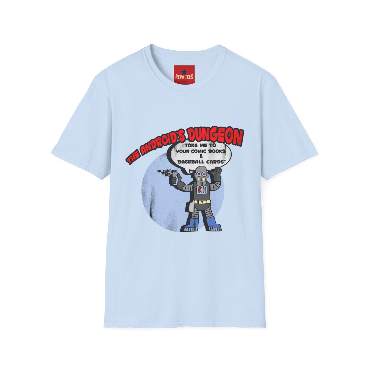 The Android's Dungeon T‑Shirt — 'Take Me to Your Comic Books & Baseball Cards' Retro Robot Tee