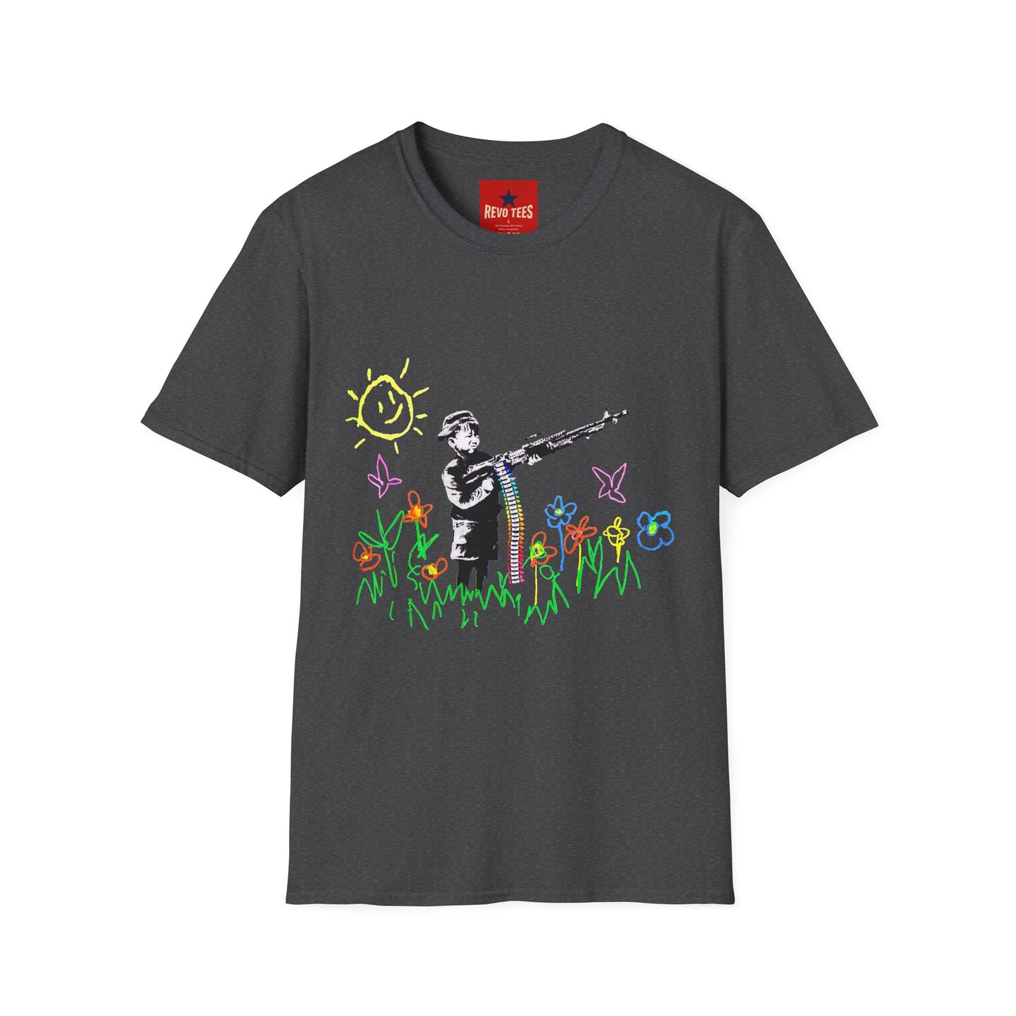 T-Shirt — Banksy Style Soldier with Childlike Doodle Flowers