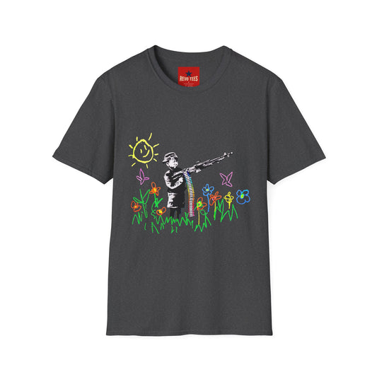 T-Shirt — Banksy Style Soldier with Childlike Doodle Flowers