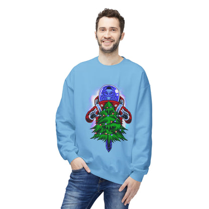 Astronaut Santa Pouncing on a Christmas Tree Crewneck Sweatshirt
