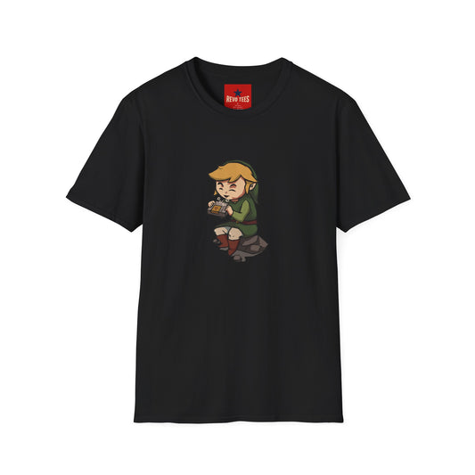 Link-Inspired Gamer Tee — Cute Chibi Hero Playing Handheld Console