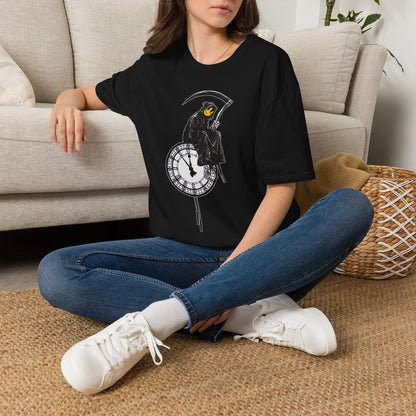 Banksy T‑Shirt — Grim Reaper Clock Graphic Tee (Smiley Mask)