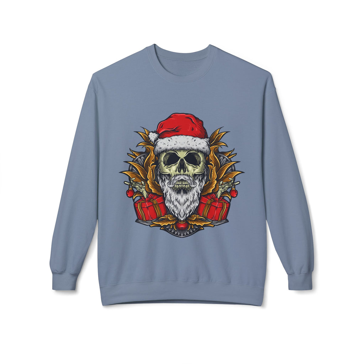 Skull Santa — Edgy Christmas Skull with Santa Hat and Gifts Crewneck Sweatshirt