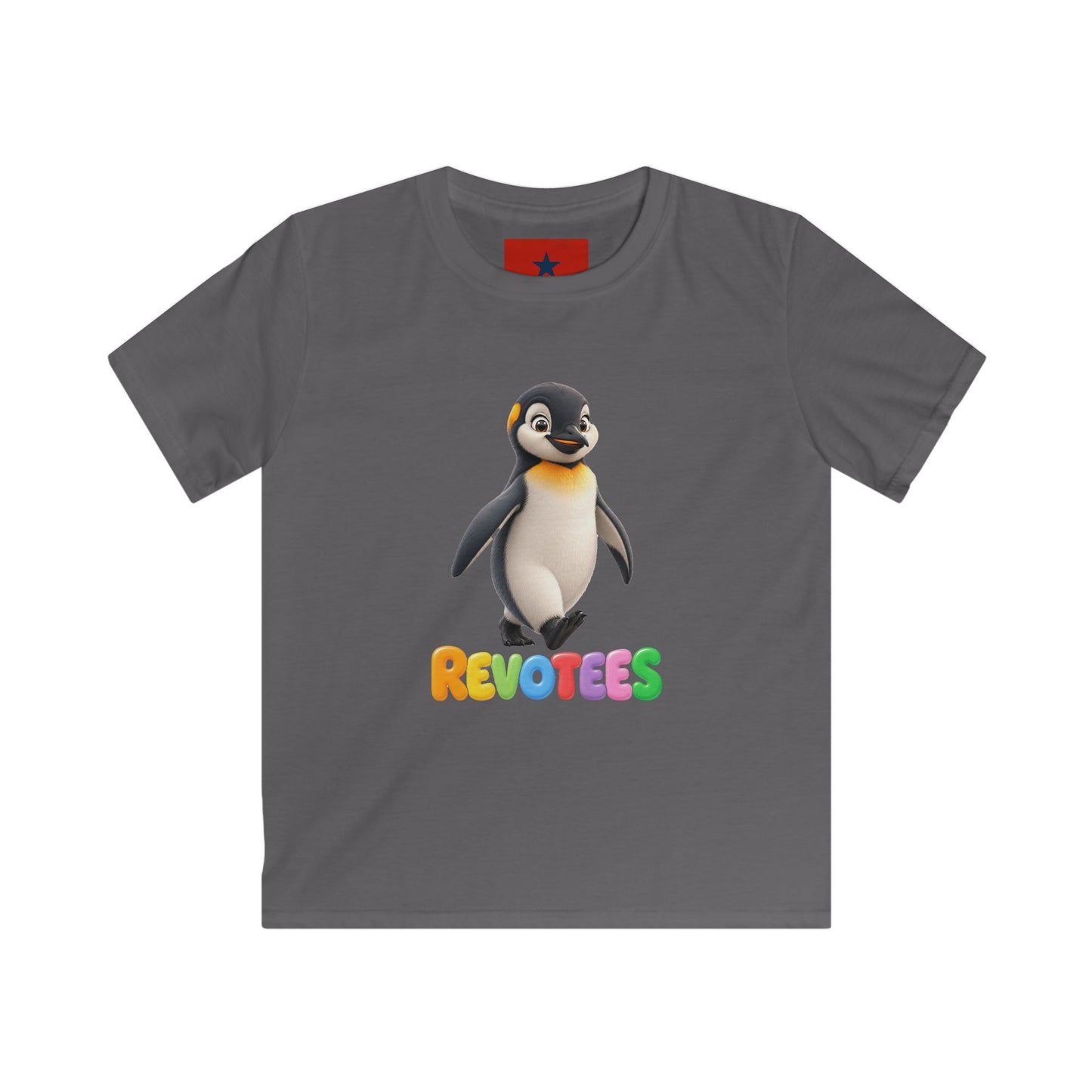 Kids Tee — Cute Pebble Penguin “REVOTEES” Colorful Logo