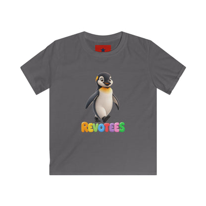 Kids Tee — Cute Pebble Penguin “REVOTEES” Colorful Logo