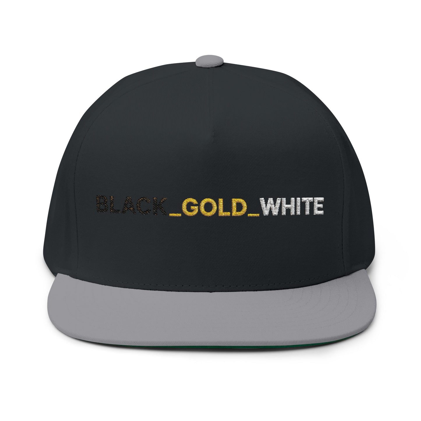 REVOTEES Embroidered Flat Bill Cap – BLACK_GOLD_WHITE Text with rear Gold Star