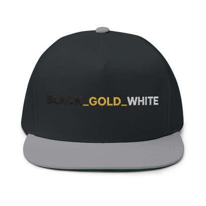 REVOTEES Embroidered Flat Bill Cap – BLACK_GOLD_WHITE Text with rear Gold Star
