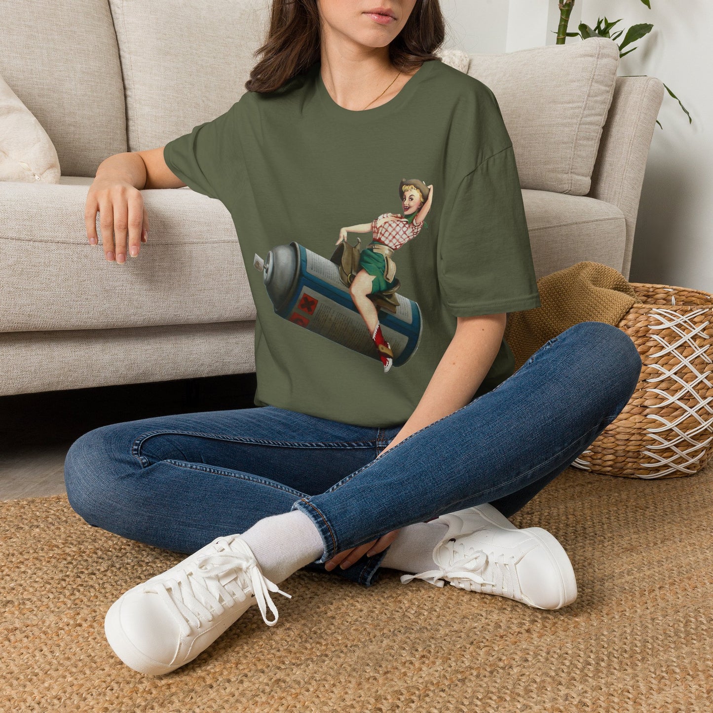 Banksy Pin-Up Cowgirl T-Shirt — Retro Pinup Girl Riding Soda Can Vintage Tee
