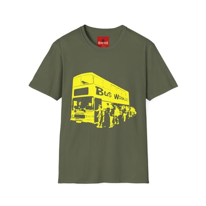 Bus Wankers Graphic T-Shirt — Retro Yellow Double-Decker Design