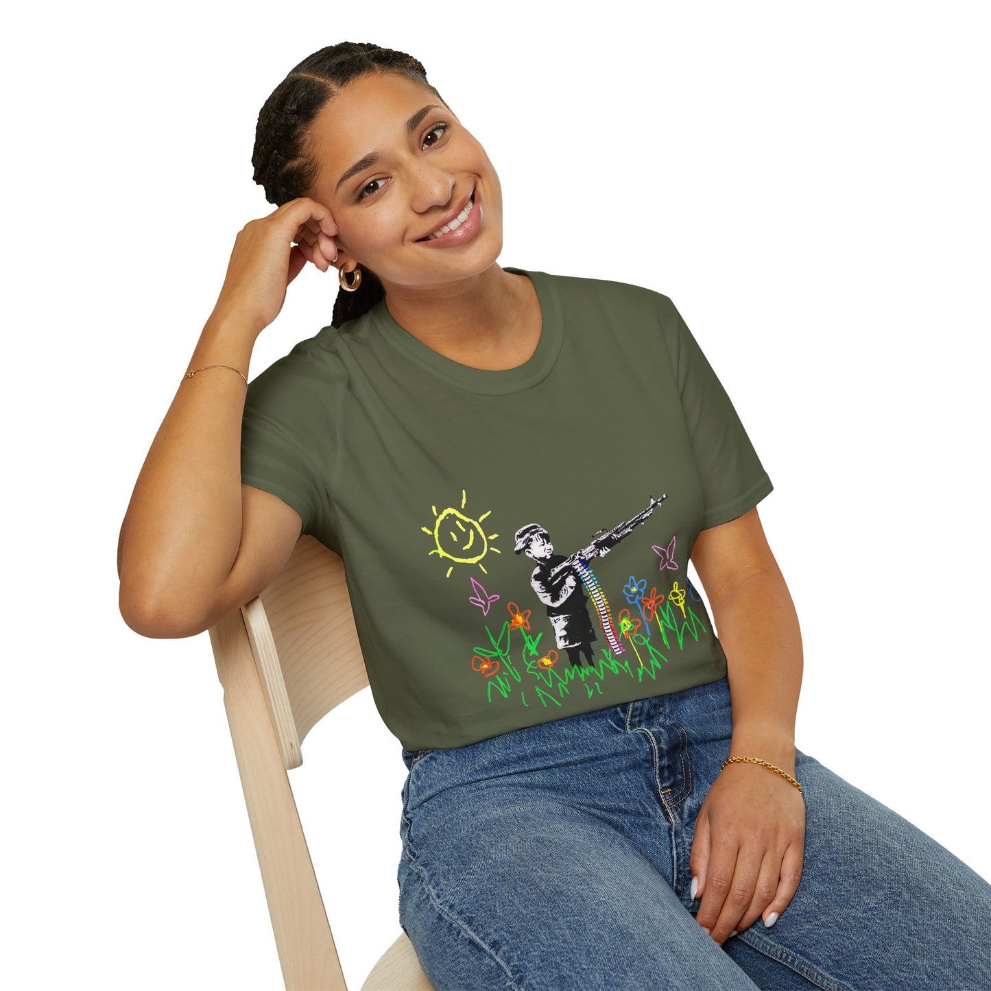T-Shirt — Banksy Style Soldier with Childlike Doodle Flowers