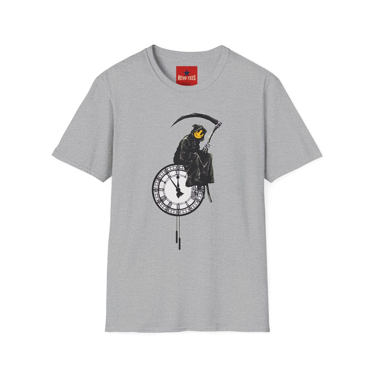 Banksy T‑Shirt — Grim Reaper Clock Graphic Tee (Smiley Mask)