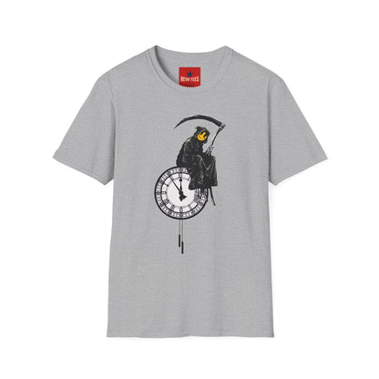 Banksy T‑Shirt — Grim Reaper Clock Graphic Tee (Smiley Mask)