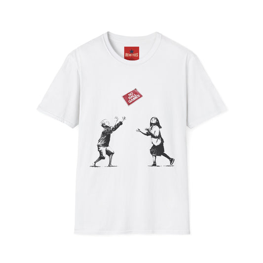 Banksy No More Games T-Shirt — Vintage Kids Throwing 'No More Games' Patch Graphic Tee