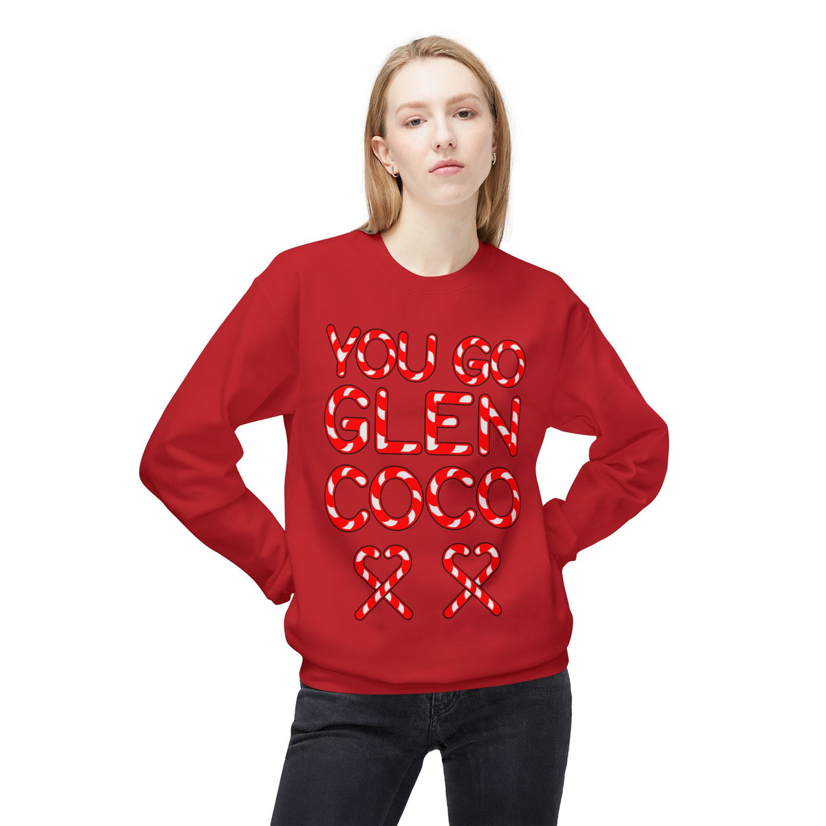 "You Go Glen Coco" Candy Cane Holiday Graphic Crewneck Sweatshirt