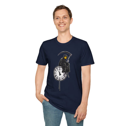 Banksy T‑Shirt — Grim Reaper Clock Graphic Tee (Smiley Mask)