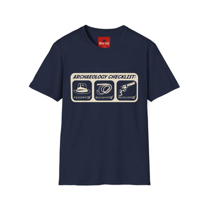 Archaeology Checklist T-Shirt — Fedora, Bullwhip & Revolver Graphic Tee