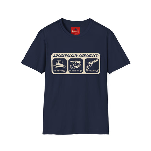 Archaeology Checklist T-Shirt — Fedora, Bullwhip & Revolver Graphic Tee