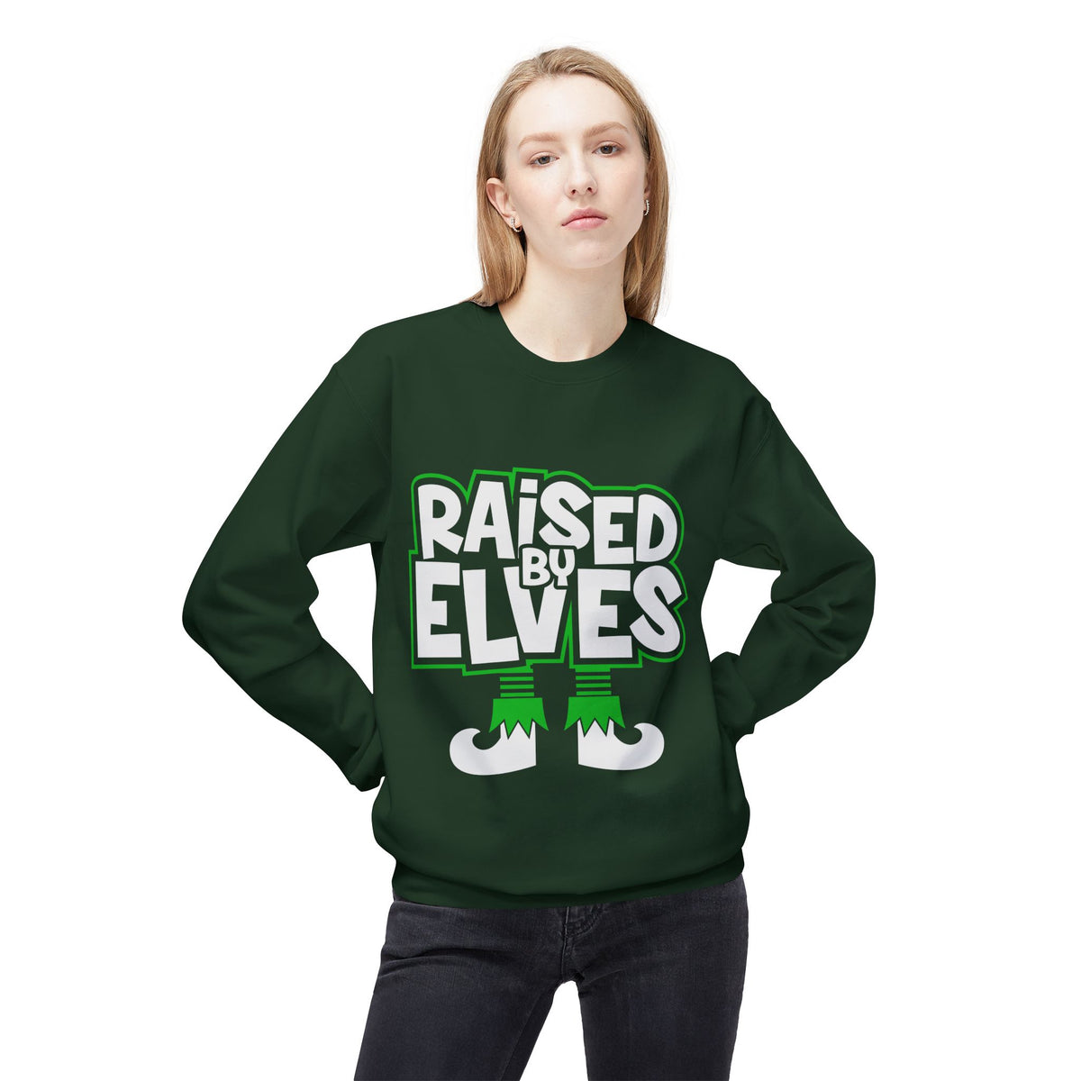 Raised by Elves Sweatshirt – Christmas Funny Holiday Crewneck
