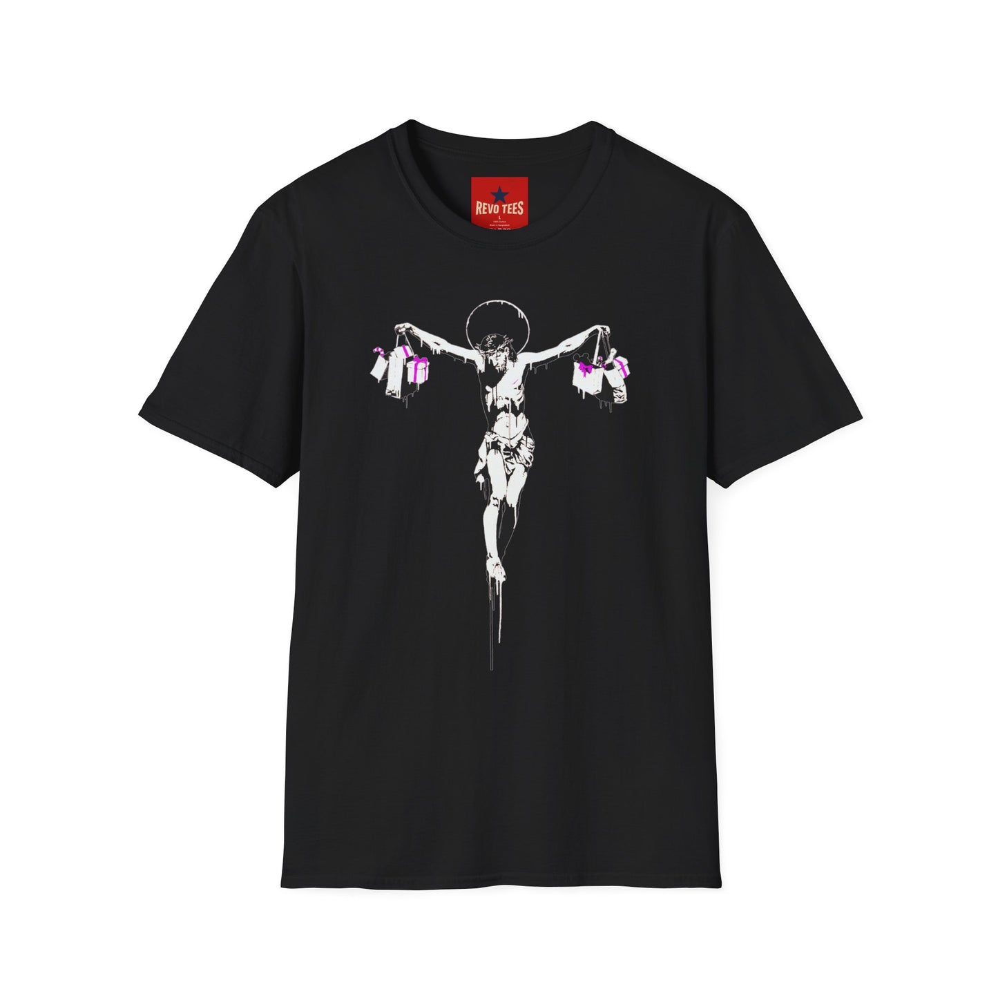 Banksy Crucifixion Balance Tee — Stenciled Jesus Holding Gift Bags Graphic T-Shirt
