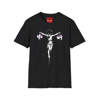 Banksy Crucifixion Balance Tee — Stenciled Jesus Holding Gift Bags Graphic T-Shirt