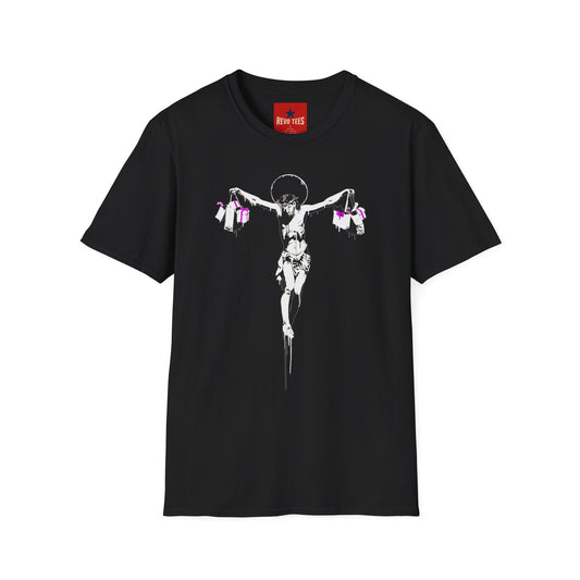 Banksy Crucifixion Balance Tee — Stenciled Jesus Holding Gift Bags Graphic T-Shirt