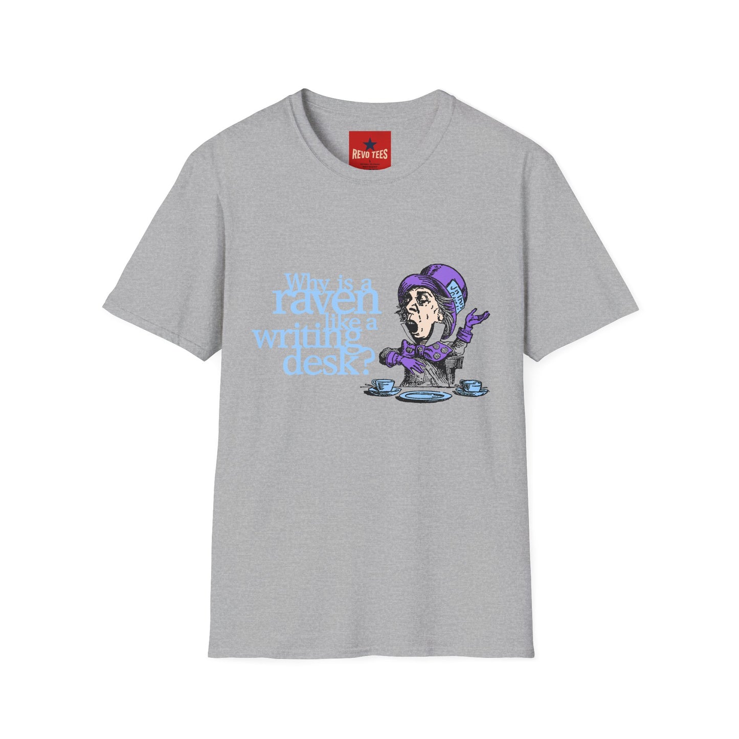 Why Is a Raven Like a Writing Desk? T-Shirt — Alice in Wonderland Mad Hatter Illustration