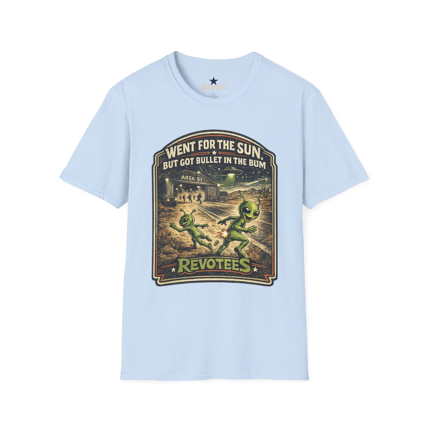 REVOTEES Alien Roadtrip Graphic Tee — "Went For The Sun But Got Bullet In The Bum"