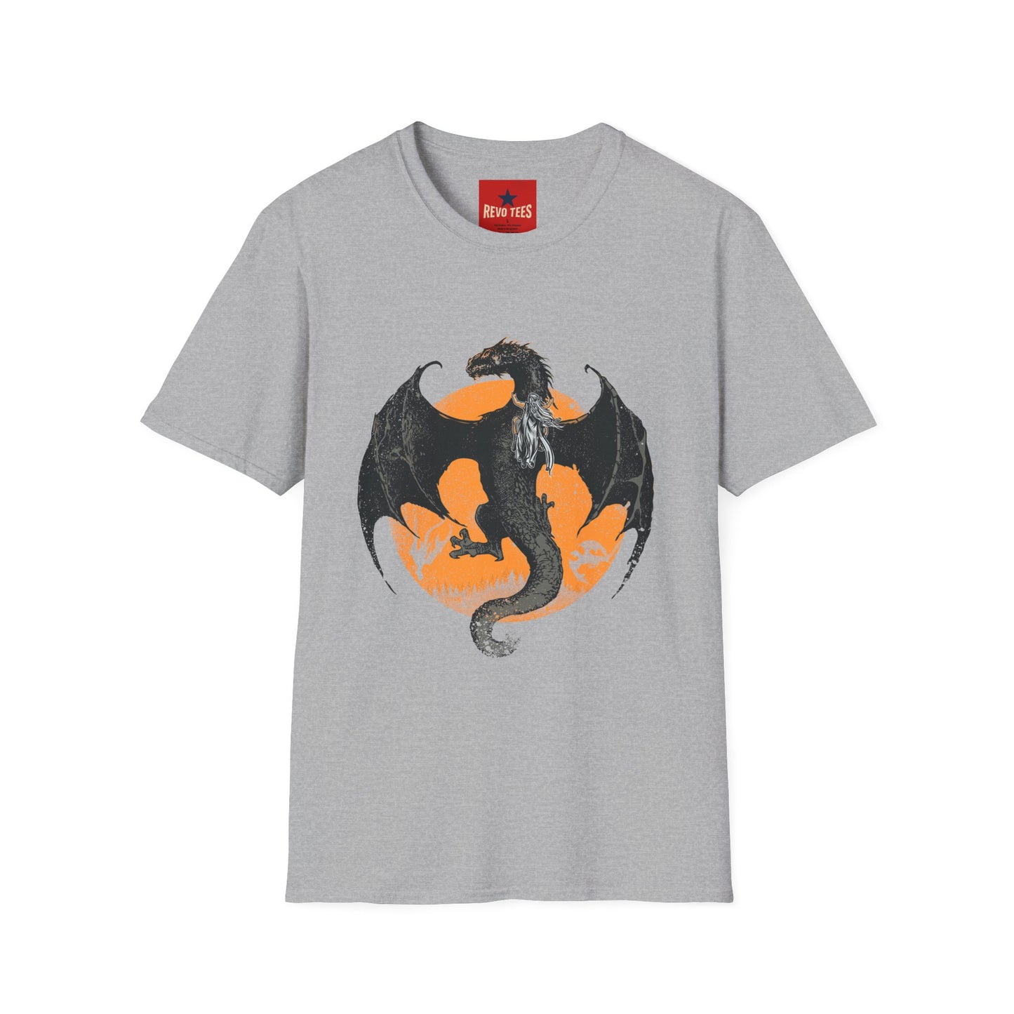 Dragon Moon T-Shirt — Black Dragon Silhouette with Orange Moon