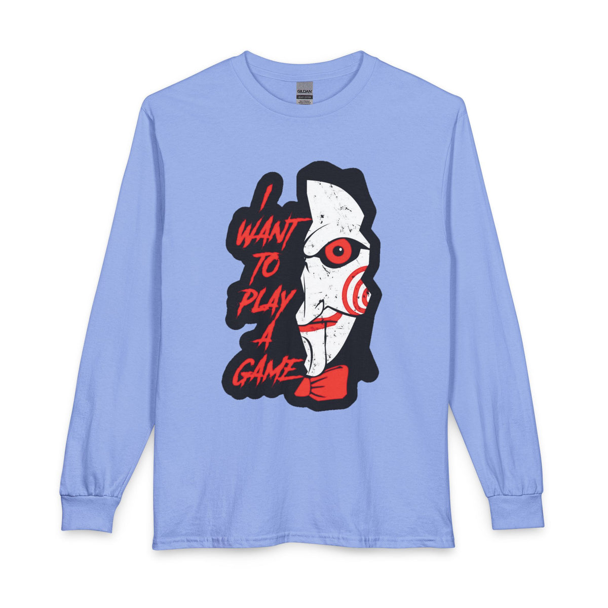 SAW - Horror Movie Long Sleeve Tee — "I Want to Play a Game" Jigsaw Puppet Graphic
