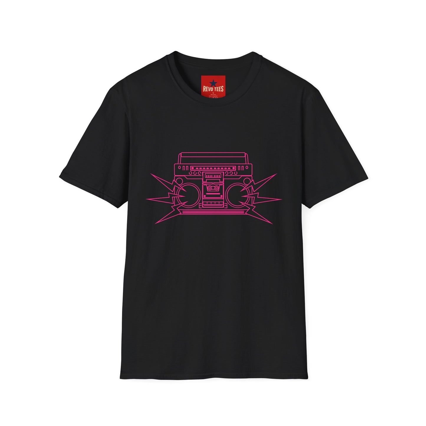Retro Boombox Tee — Pink Line Art Vintage Radio Graphic T-Shirt