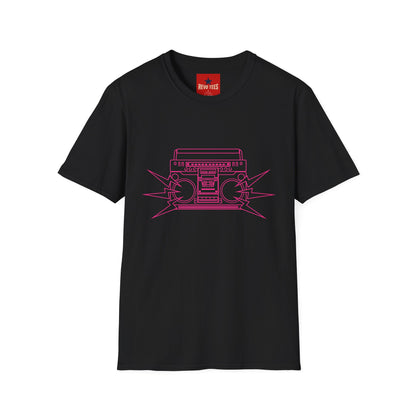 Retro Boombox Tee — Pink Line Art Vintage Radio Graphic T-Shirt