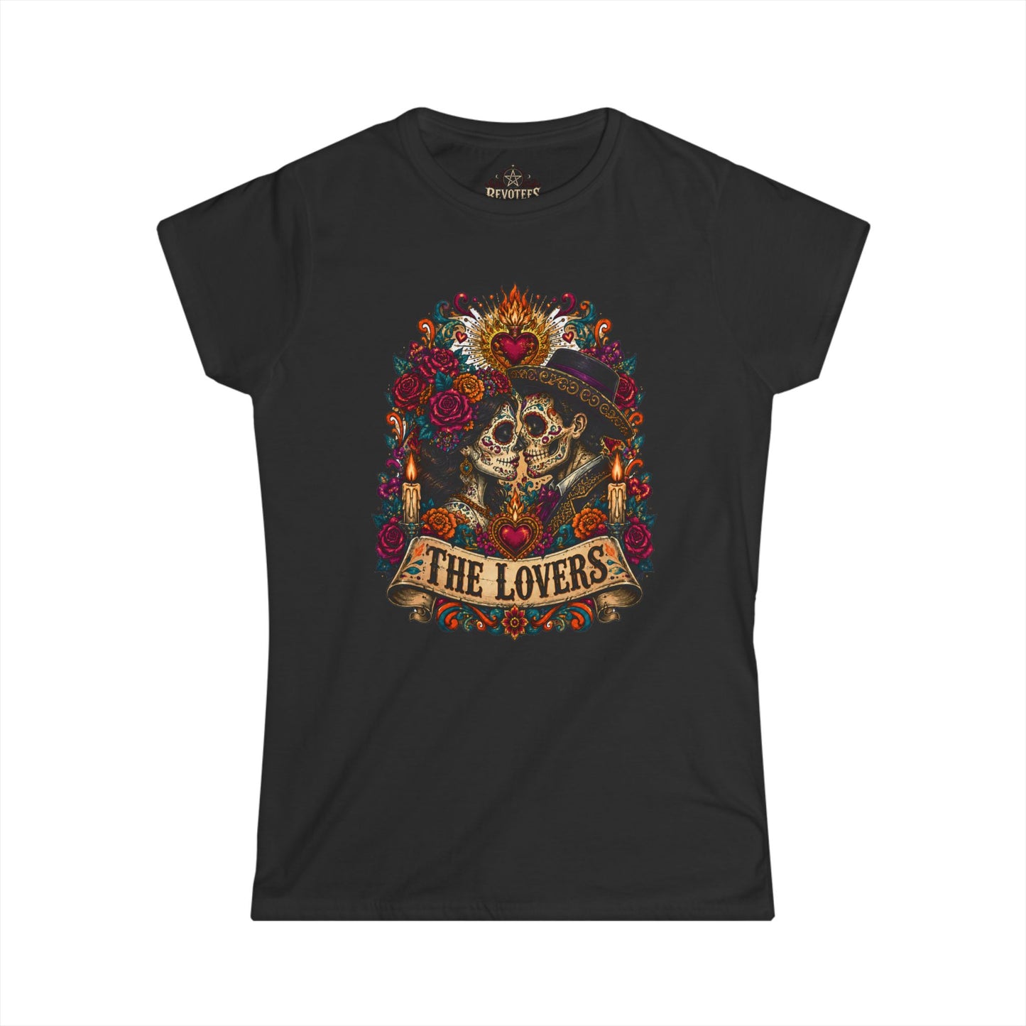 The Lovers Tarot Skull Tee — Romantic Day of the Dead Graphic Shirt