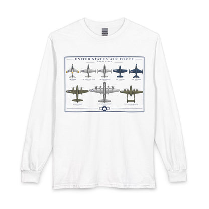 A white long-sleeve crewneck t-shirt featuring a vintage-style graphic print of United States Air Force aircraft on the front chest.