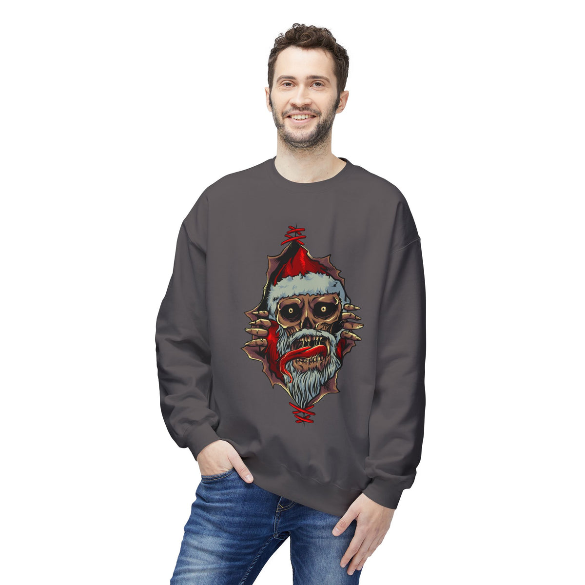 Skull Santa Crewneck Sweatshirt — Horror Christmas Graphic