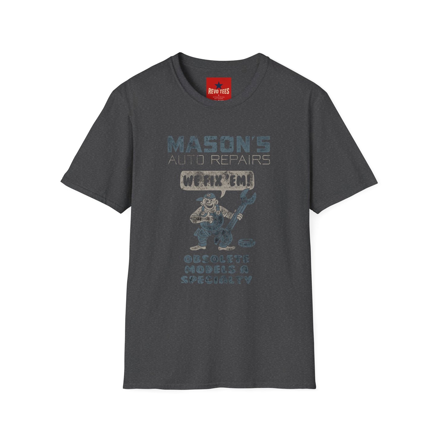 Mechanic Shop T‑Shirt — "Mason's Auto Repairs: We Fix 'Em" Vintage Garage Tee