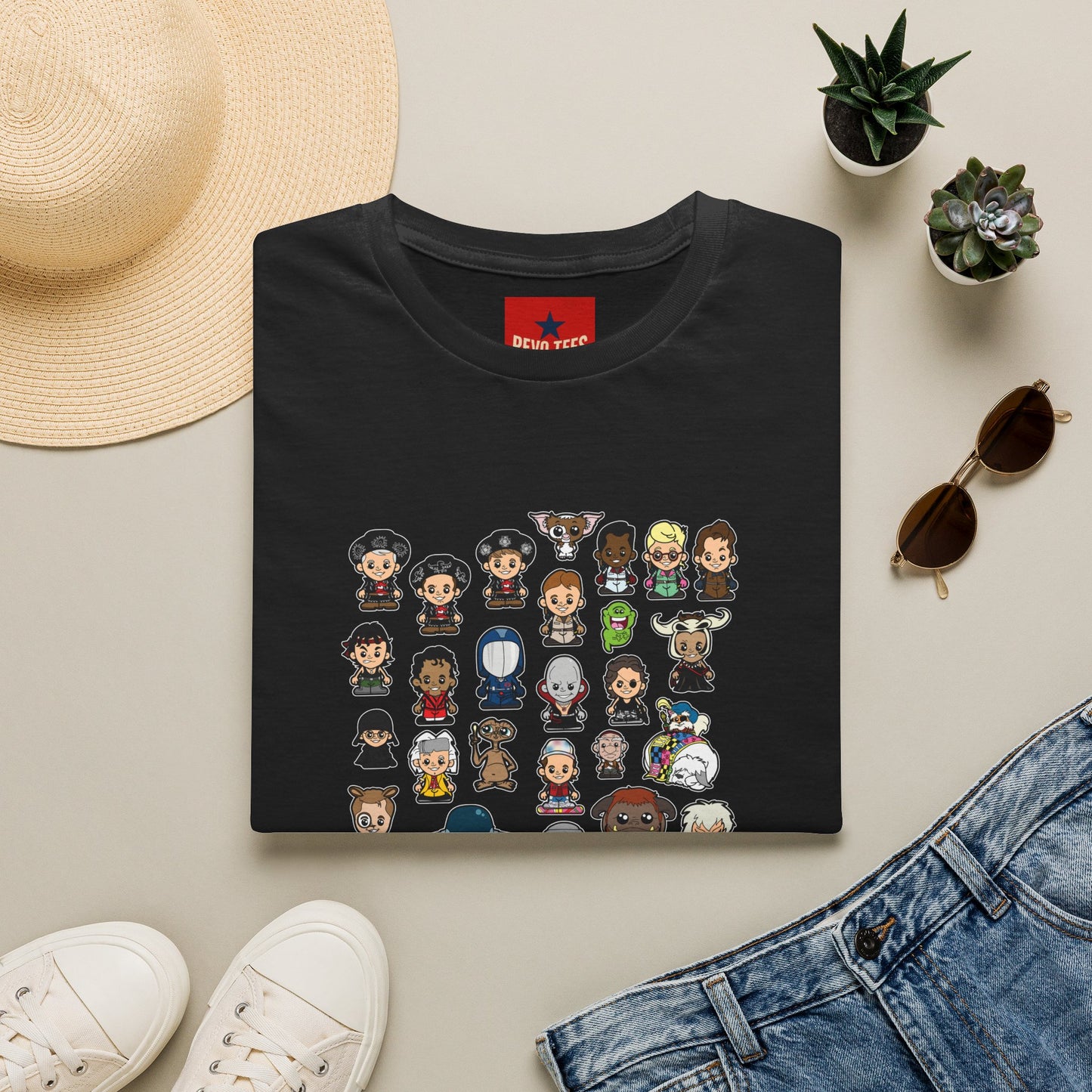 Cute Chibi Characters Crewneck T‑Shirt — Cartoon Character Grid Tee