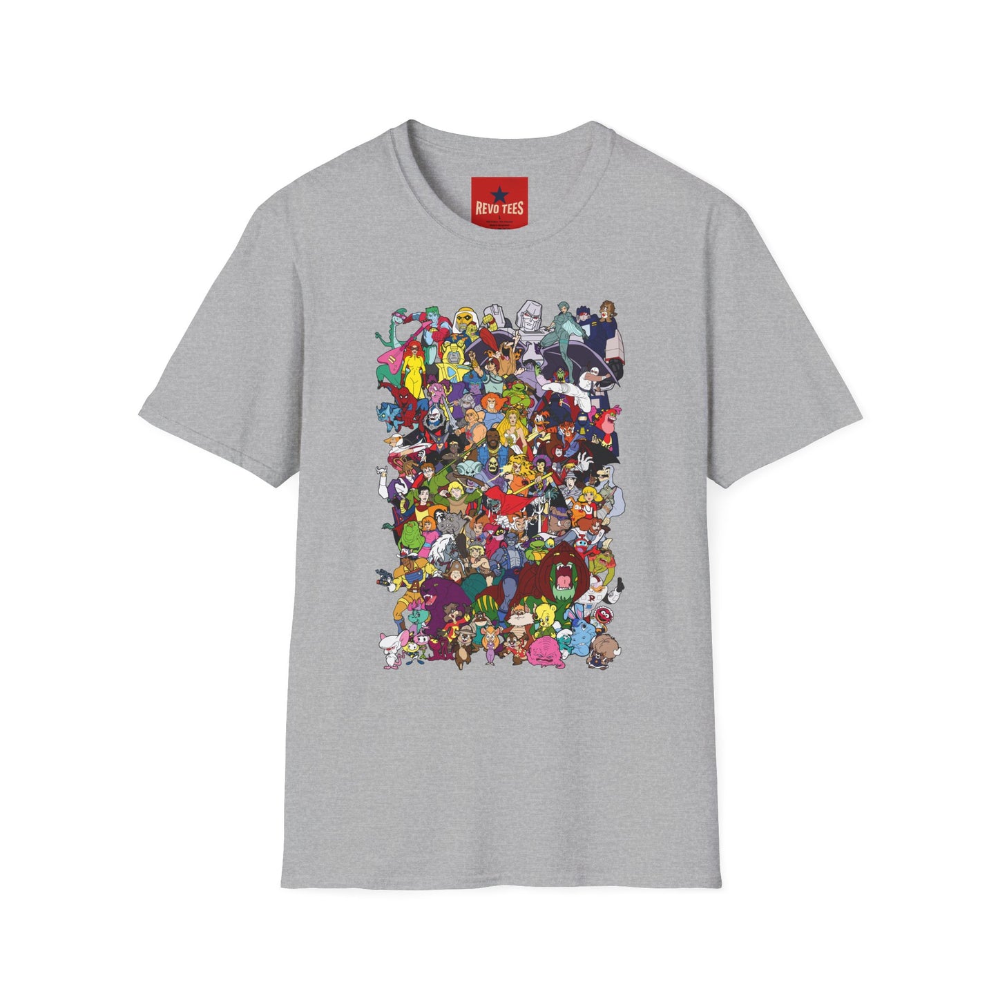 T-Shirt — Colorful Cartoon Characters Collage Graphic Tee