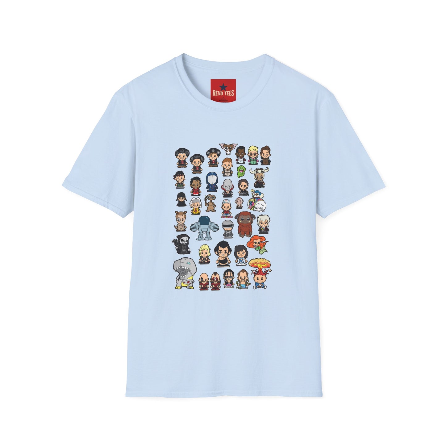 Cute Chibi Characters Crewneck T‑Shirt — Cartoon Character Grid Tee