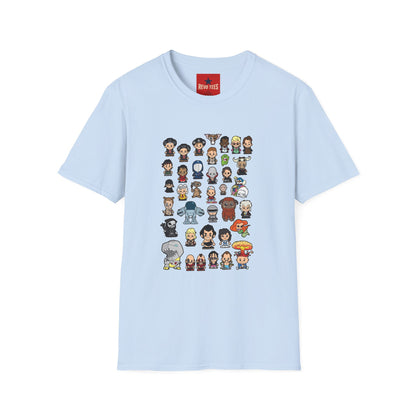 Cute Chibi Characters Crewneck T‑Shirt — Cartoon Character Grid Tee
